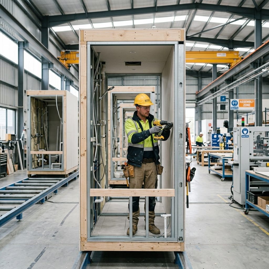 Fabricación de módulos prefabricados en planta industrial